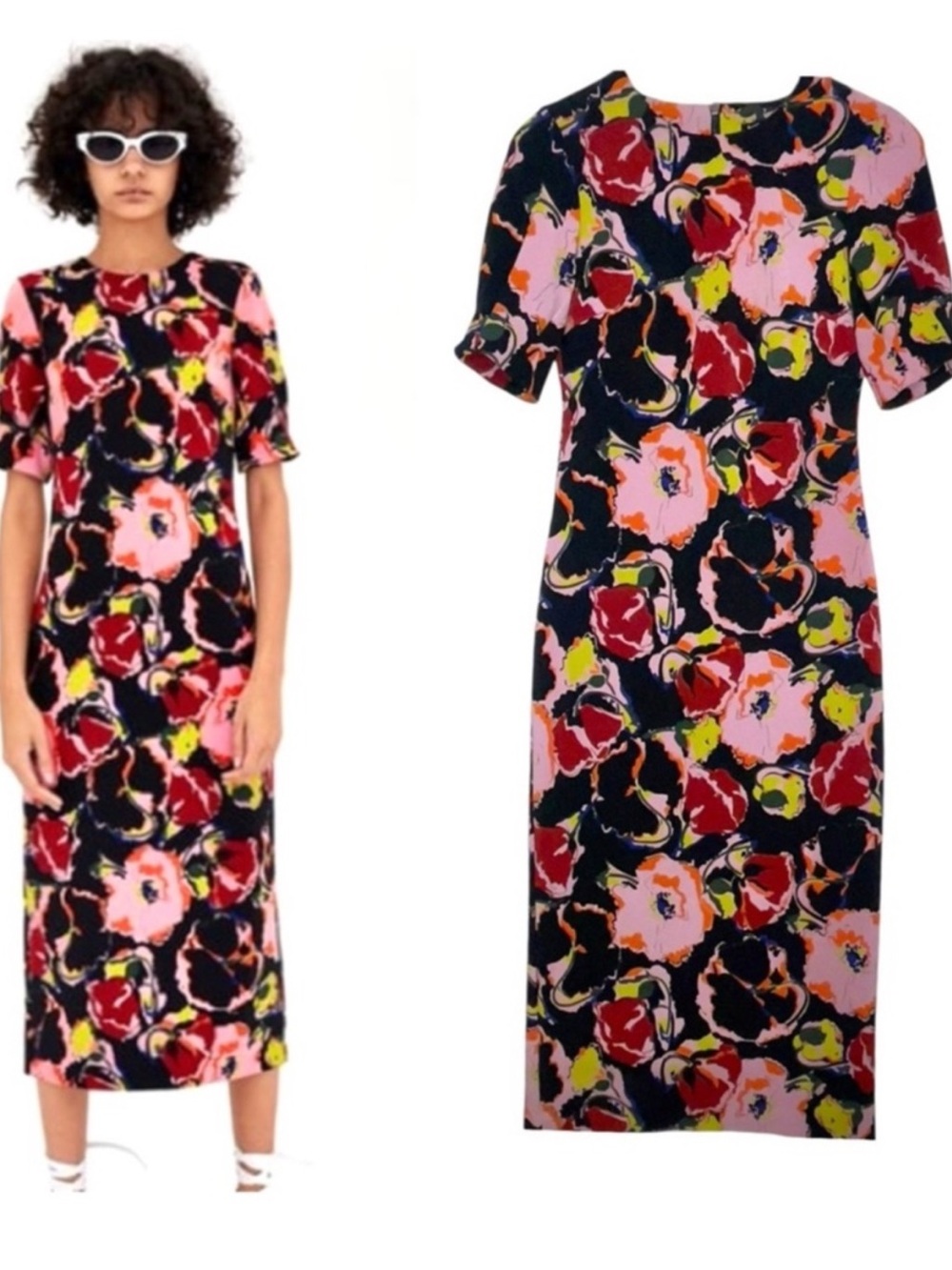 Zara Floral Print Midi Dress Black Pink Red Short Sleeve Size Small
